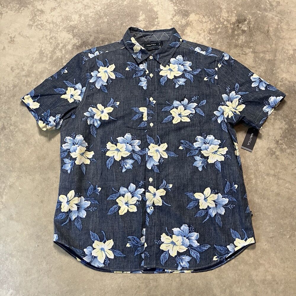 Nautica Shirt Mens Xl Blue Floral Classic Fit Short Sleeve Button‎ Down